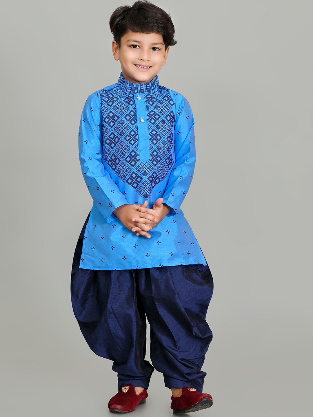 NFC CREATION Boys Ethnic Motifs Printed Mandarin Collar Dupion Silk Kurta With Patiala