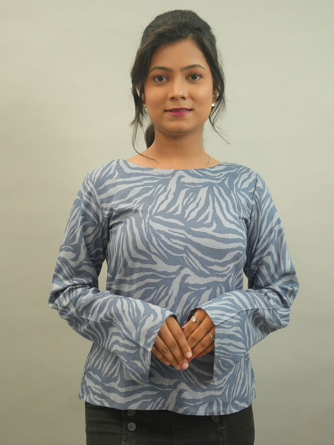 GO BOUJEE Women Abstract Printed Boat Neck Cotton Top