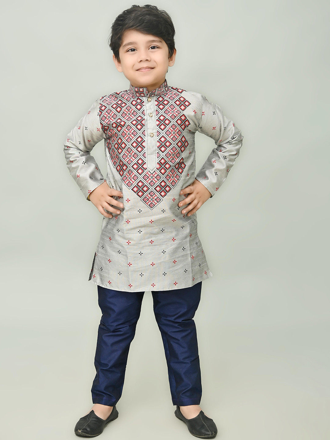 NFC CREATION Boys Printed Straight Dupion Silk Kurta with Trousers