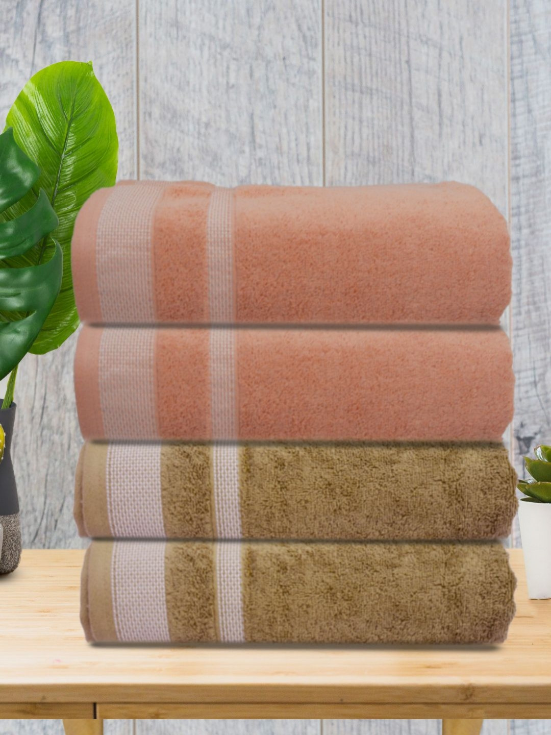 Aura Peach-Coloured & White 4 Pieces Striped Cotton 400 GSM Bath Towels