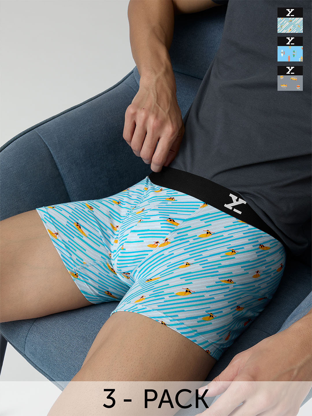 XYXX Surf Intellifresh Pack Of 3 Combed Cotton Printed Ribbed Trunks XYTRNK3PCKN926