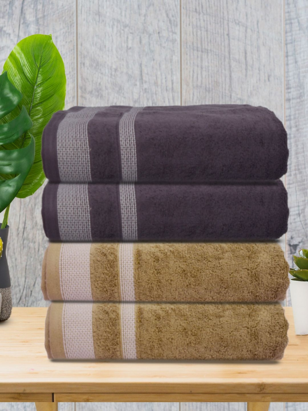 Aura Grey & Brown 4 Pieces Striped Cotton 400 GSM Bath Towels
