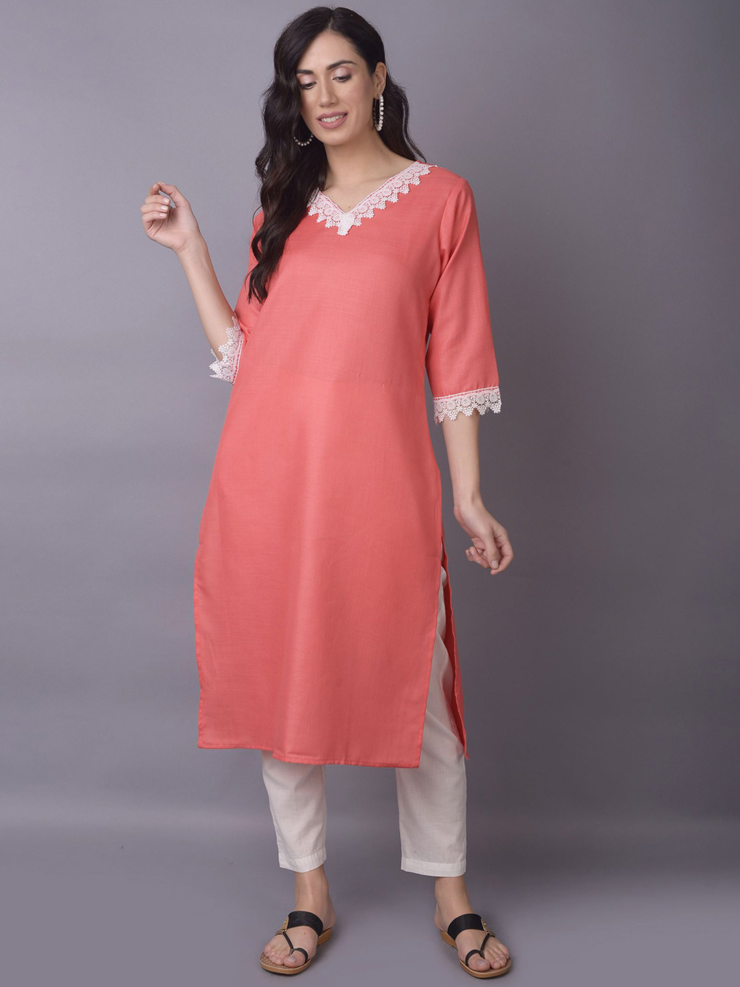 Shree Lace Inserts Yoke Design V-Neck Pocket Detailing Cotton Straight Kurta