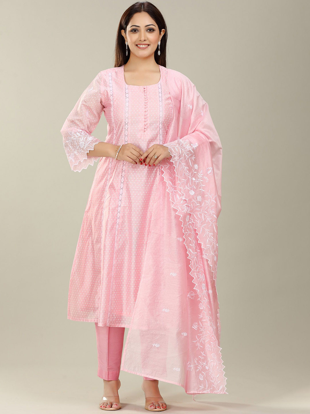 COTTON CULTURE Women Ethnic Printed U- Neck Flared Sleeves Chanderi Cotton Kurta Set