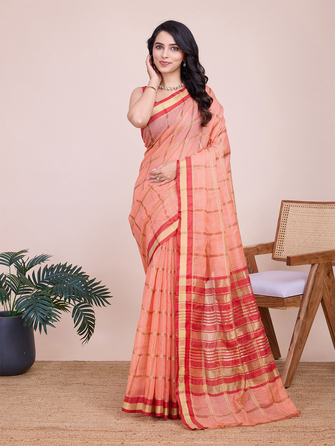 KALINI Checked Woven Design Cherry Red Chanderi Saree