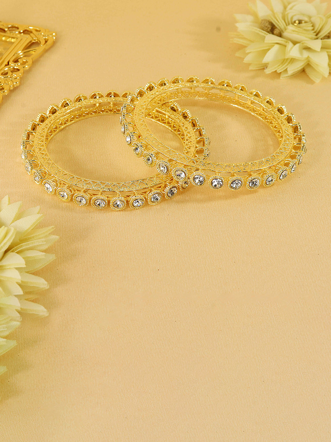 LAVAZZA Set Of 2 Gold-Plated Cubic Zirconia-Studded Polki Design Bangles