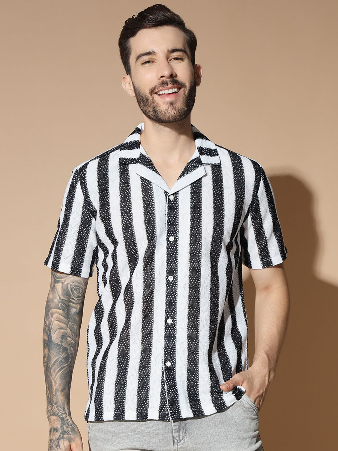 GLITO Men Modern Cuban Collar Multi Striped Cotton Relaxed Fit Casual Shirt