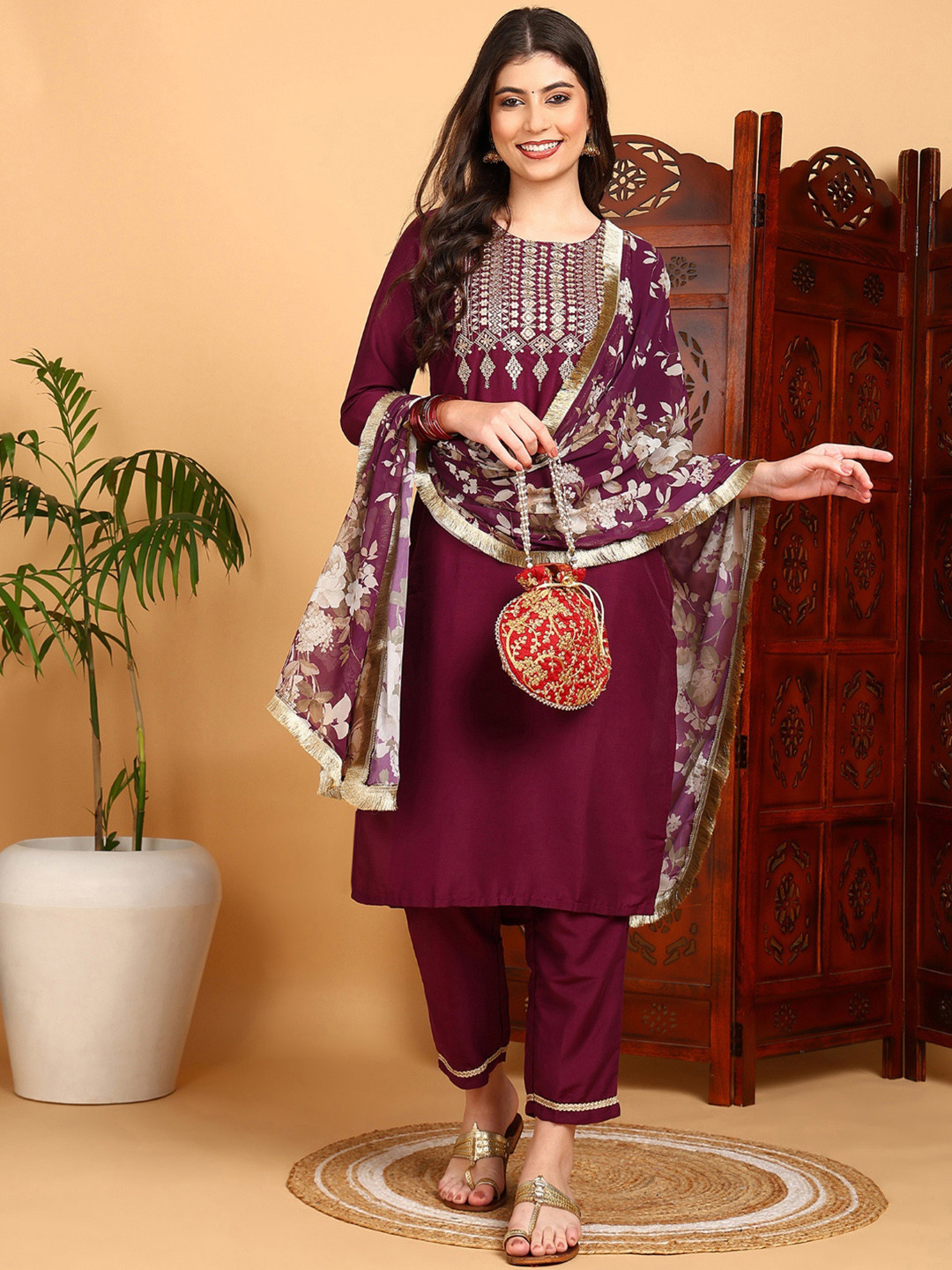 AHIKA Round Neck Yoke Design Embroidered Straight Kurta With Trousers & Dupatta