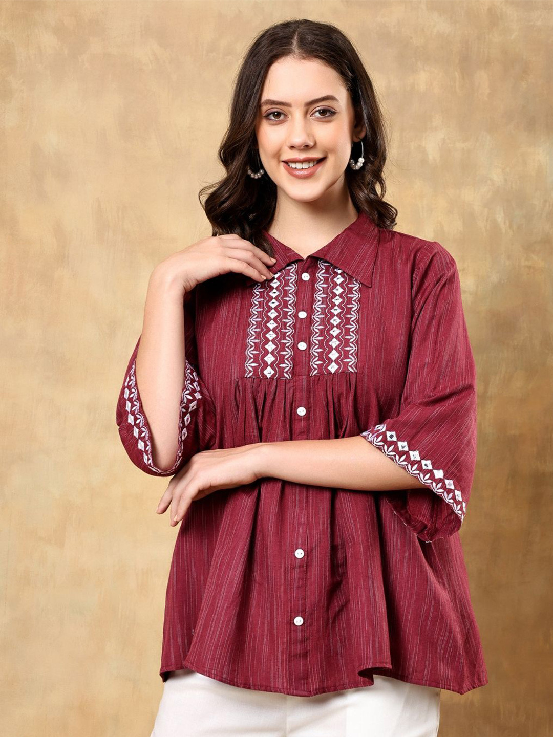 ANGITA Geometric Embroidered Bell Sleeve Cotton Wrap Top
