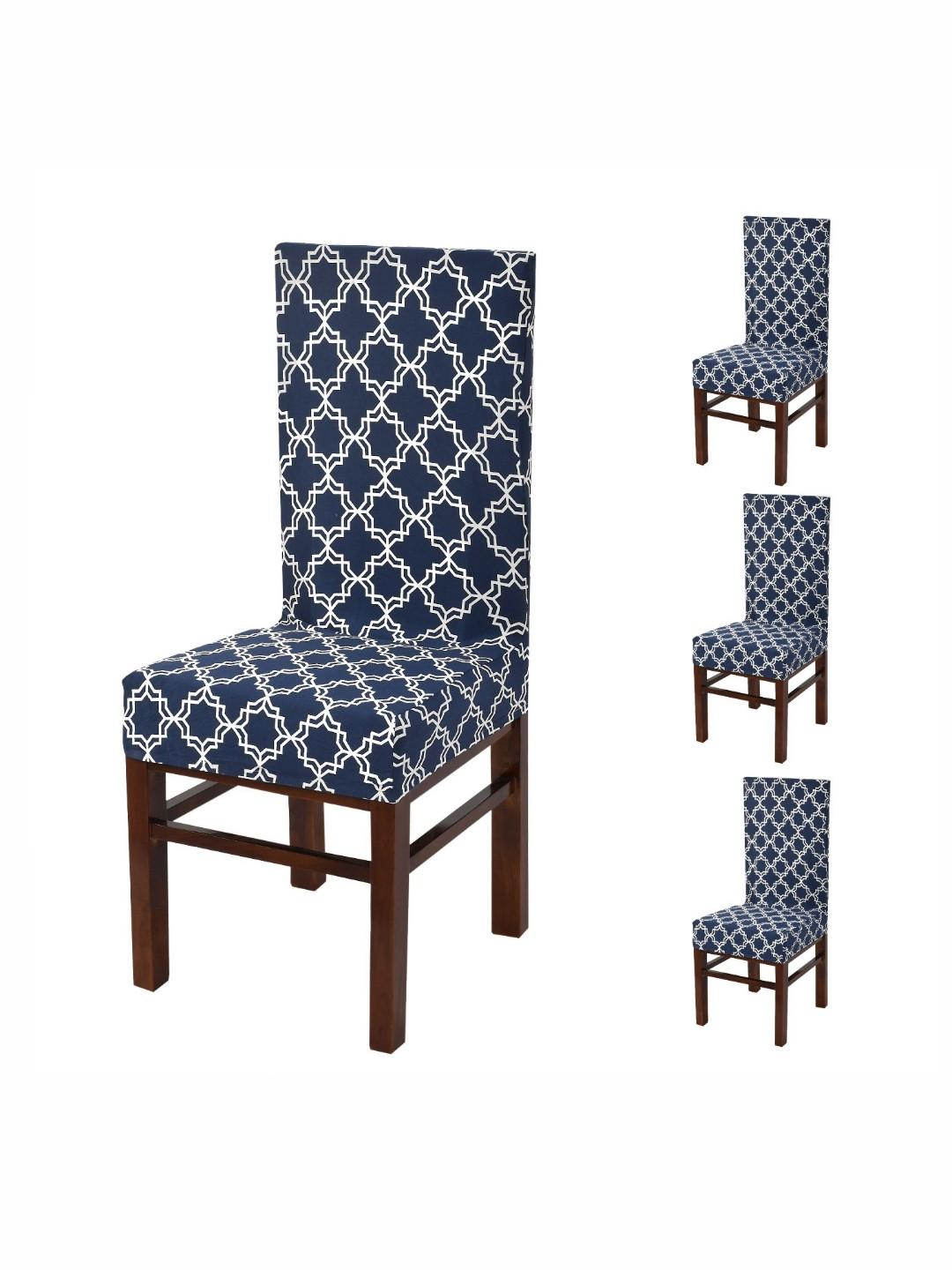 Yellow Weaves Blue & White 4 Pieces Geometric Printed Stretchable Chair Cover