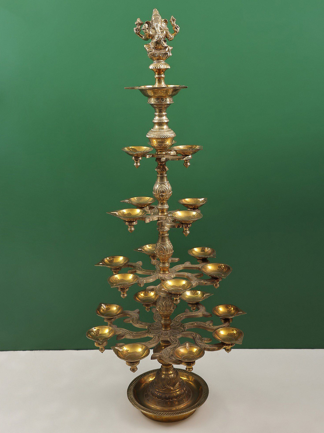 Exotic India Gold Toned Brass Five-Tray Twenty-Four-Wick Ganesha Diya