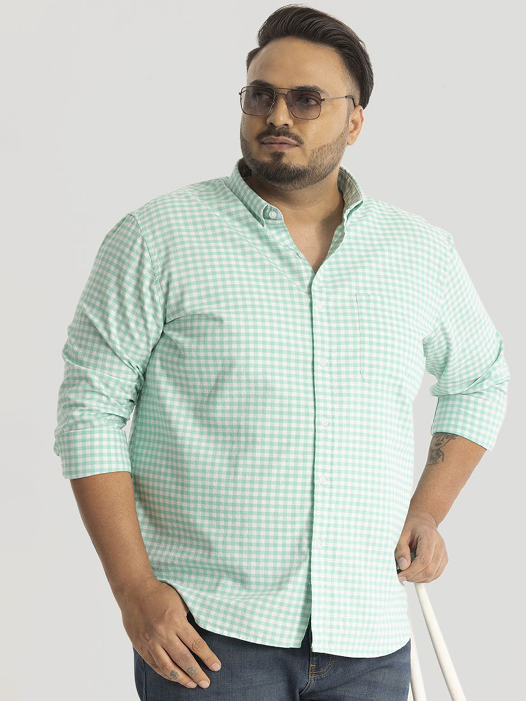 Snitch Men Plus Size Classic Button-Down Collar Micro Checked Cotton Casual Shirt