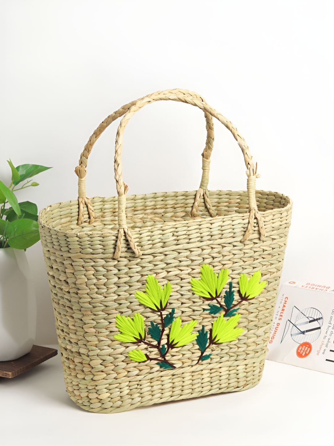 HABERE INDIA Green & Beige Embroidered Tote Basket