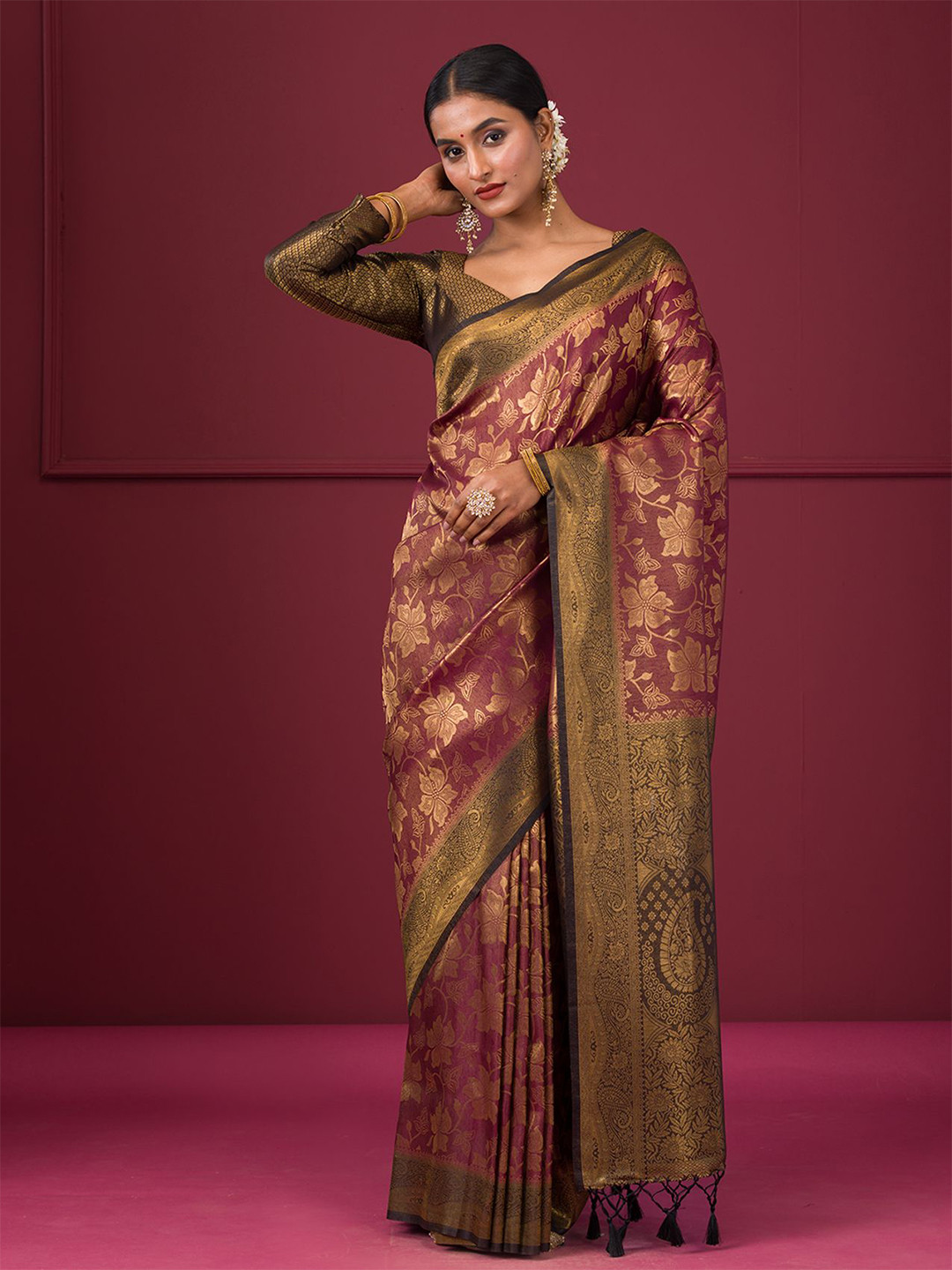 Koskii Women Zariwork Maroon Silk Saree With Unstitched Blouse