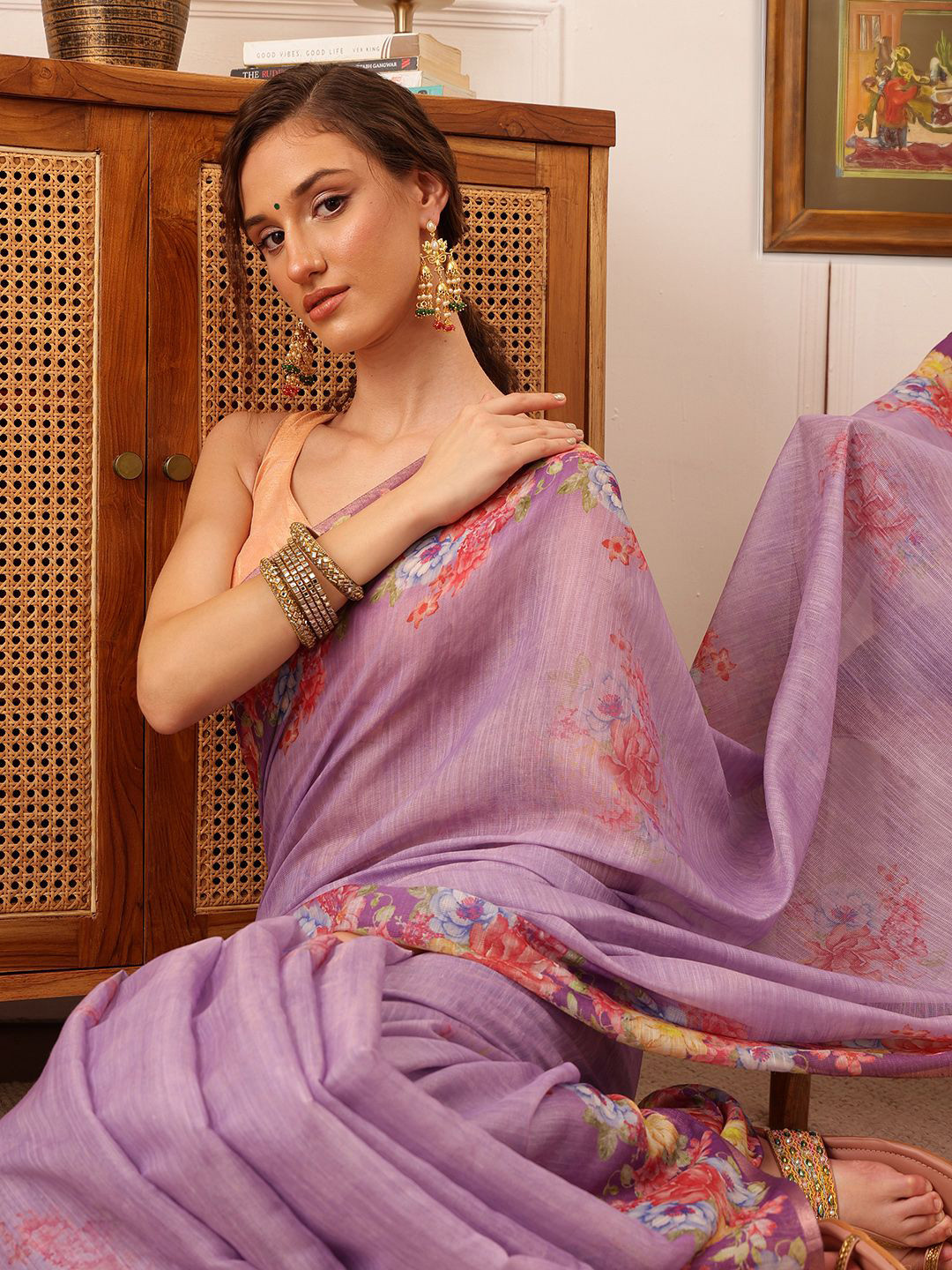 Silk Land Floral Chnaderi Cotton Digital Print Saree