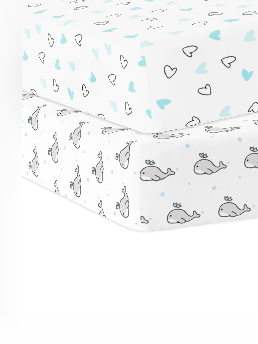 The White Cradle Whale And Hearts Blue Conversational Cotton Breathable 120 TC Fitted Crib 2 Bedsheet -47 x 24 inches