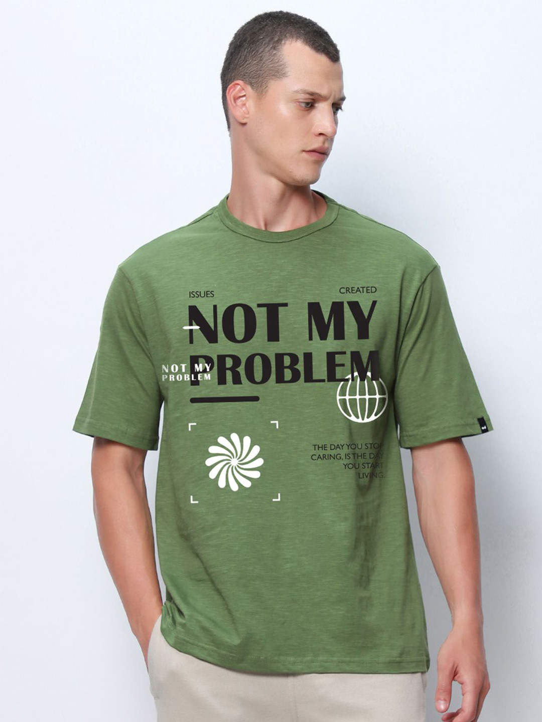 Bewakoof Air 1.0 Men Cactus Green Issues Graphic Printed Oversized T-shirt