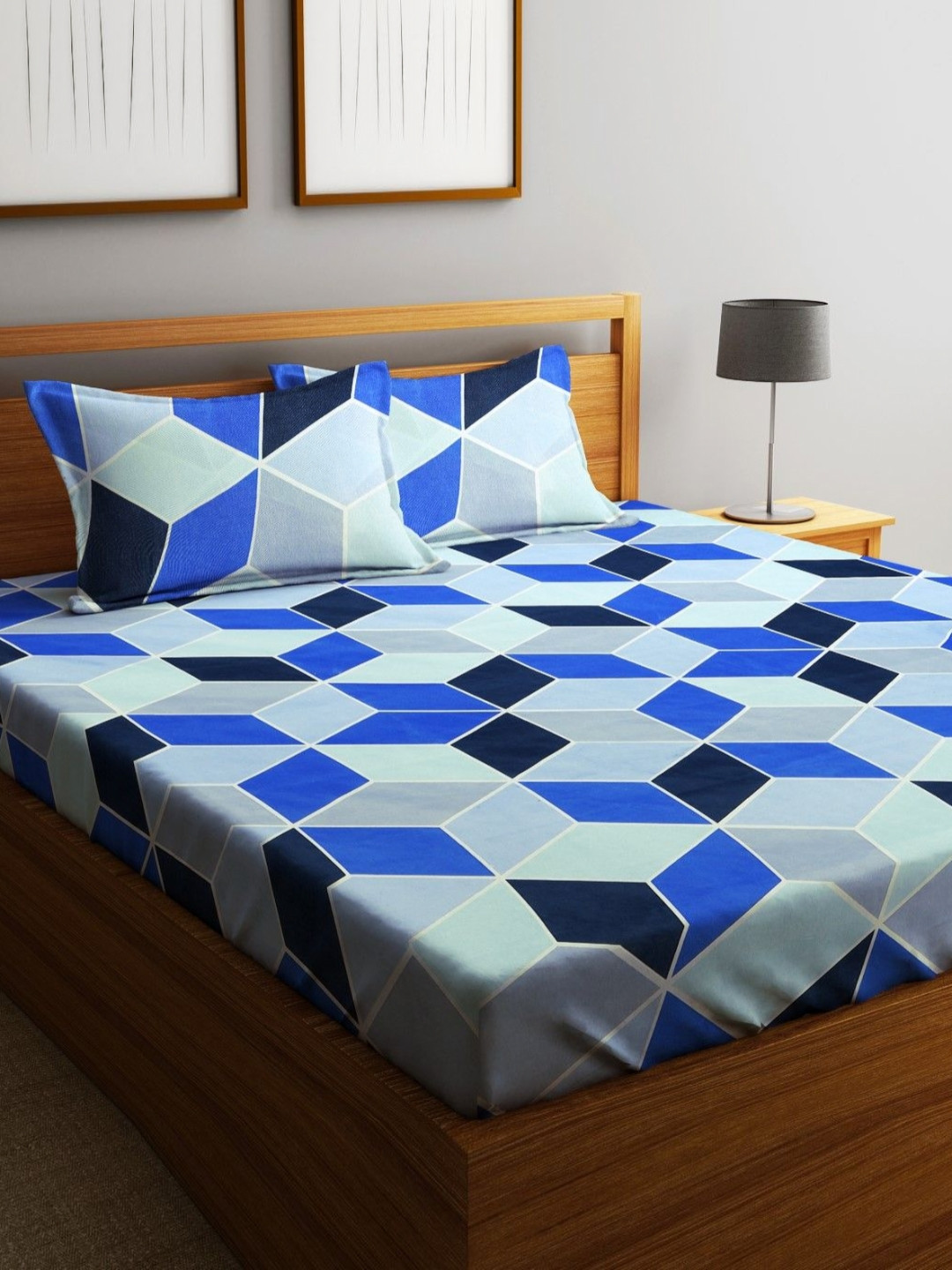 Fashion String Triangular Fusion Blue Geometric Microfiber 144 TC Queen Bedsheet with 2 Pillow Covers-85 x 87 inches