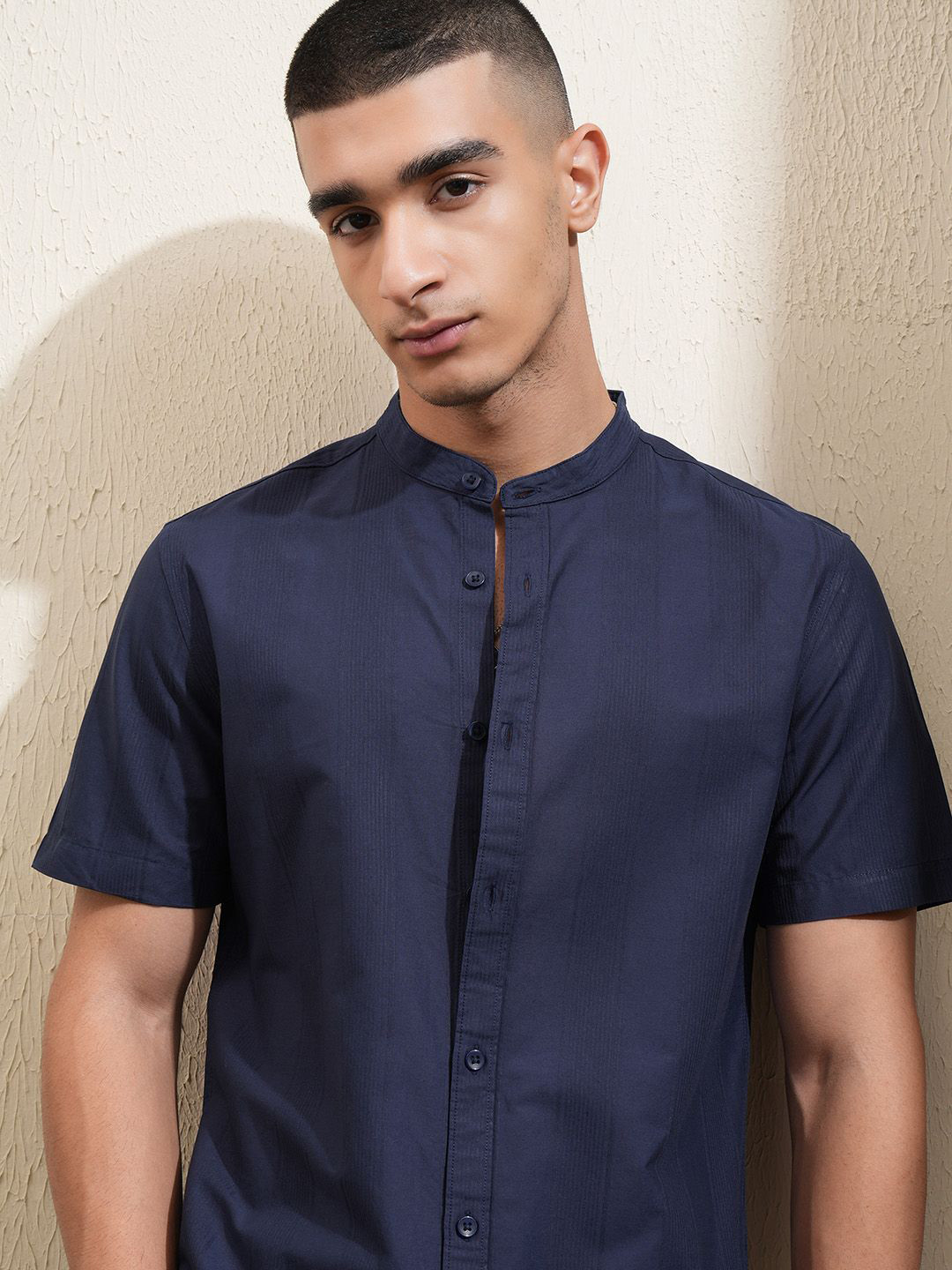 Highlander Men Dobby Textured Solid Mandarin Collar Casual Shirt