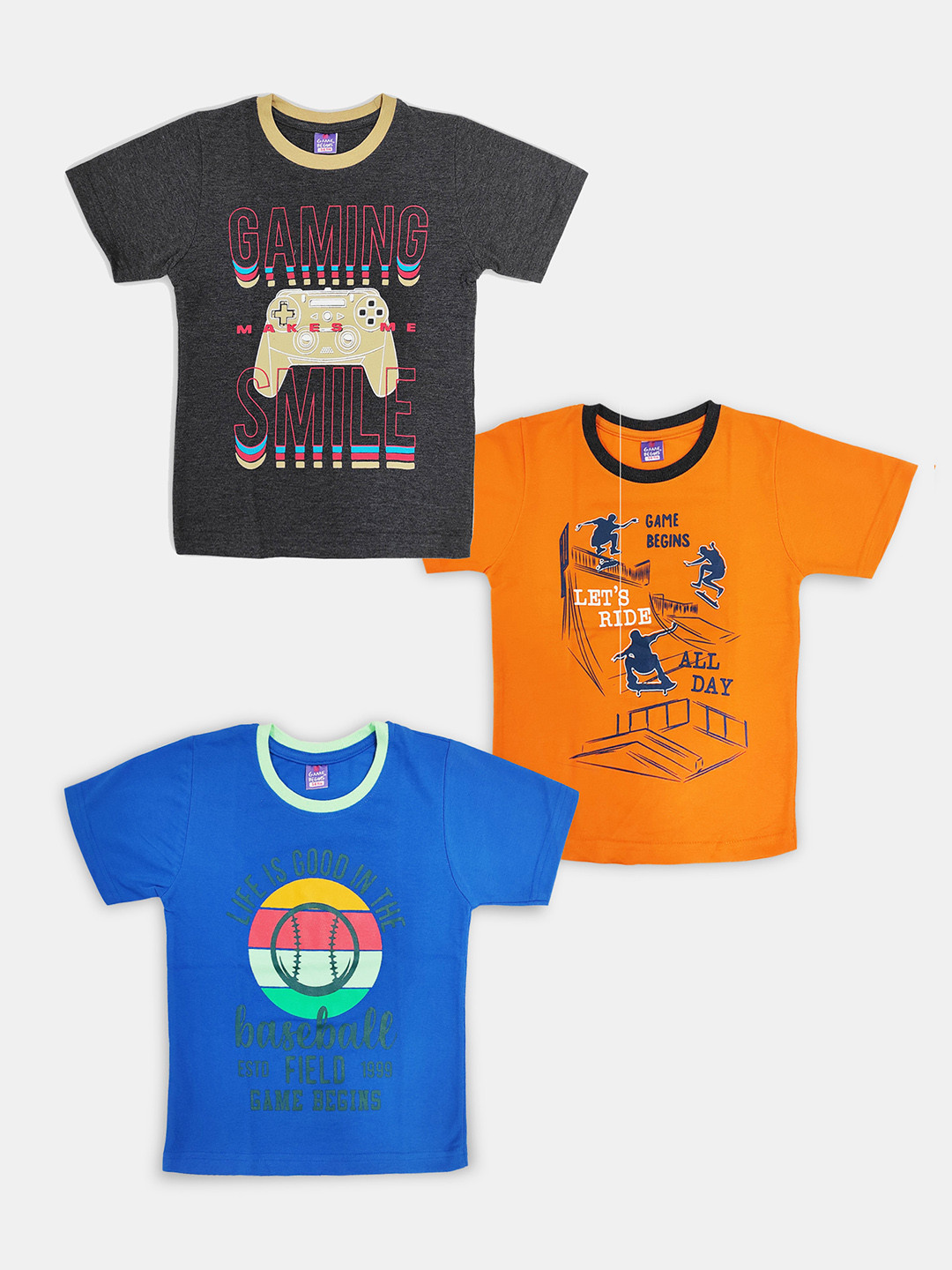 Here&Now X Game Begins Boys Pack of 3 Assorted Typography Printed T-shirts