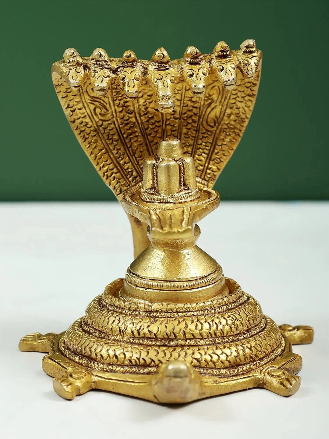 Exotic India Shivalinga on Turtle Pedestal Gold Brass Metallic Prayer Room Hand Made Tiny Showpiece - 4 Inches