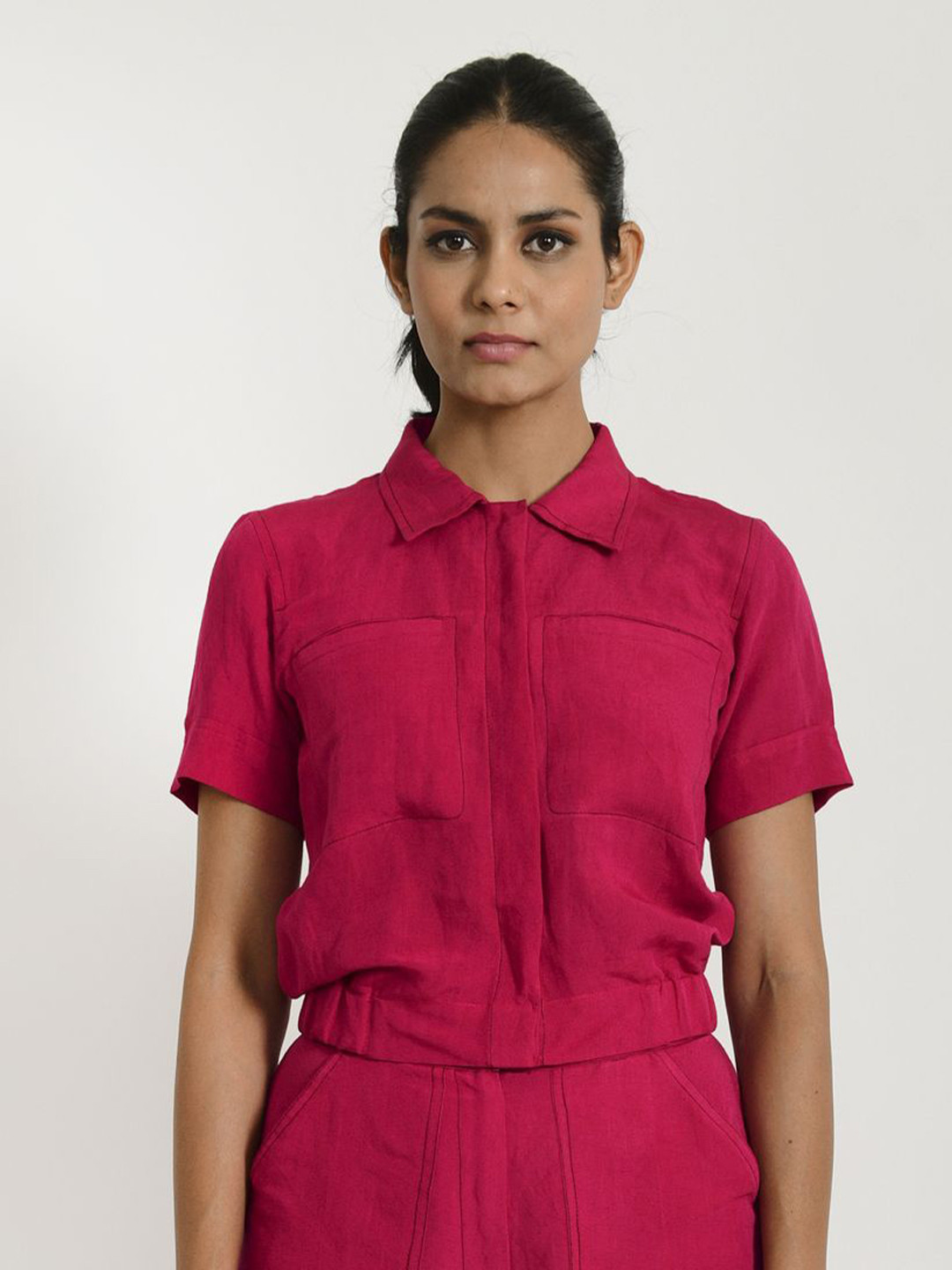 Rias Jaipur Women Solid Shirt Collar Linen Top