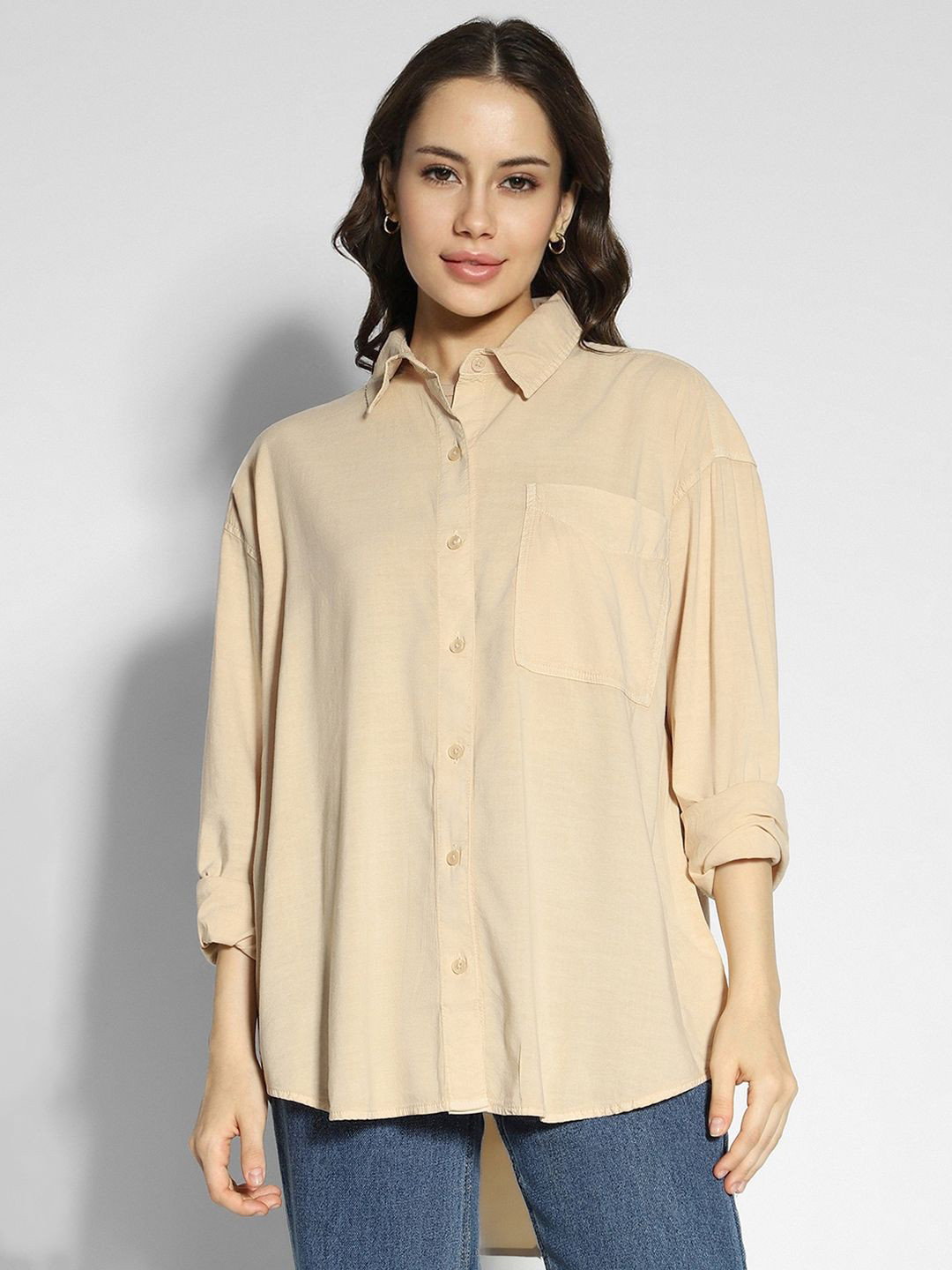 AMERICAN EAGLE OUTFITTERS Women Spread Collar Solid Cotton Oversized Casual Shirt