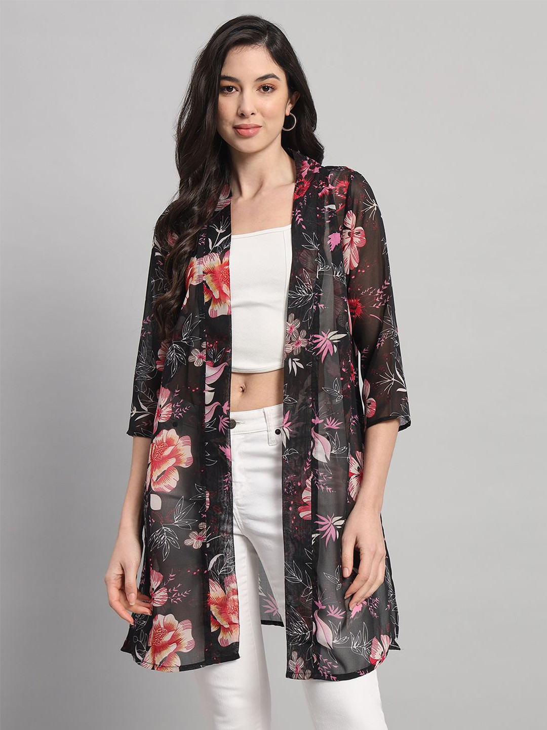 Curvydrobe Floral Printed Longline Open Front Shrug