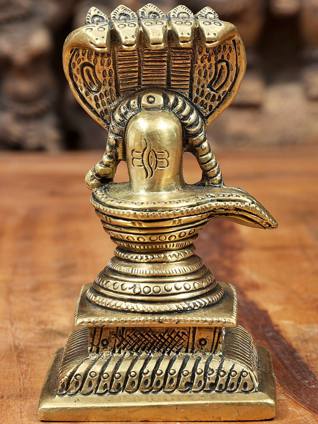 Exotic India Shiva Linga with Five Hooded Crowning Serpent Gold Brass Metallic Prayer Room Hand Made Small Showpiece - 4.7 Inches