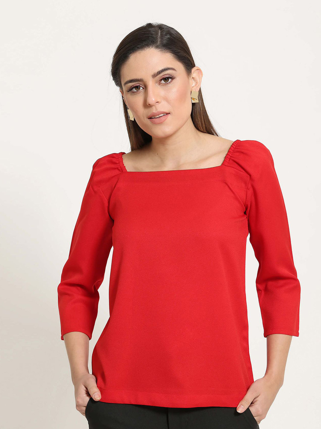 SALT ATTIRE Women Solid Cherr Red Square Neck  Top