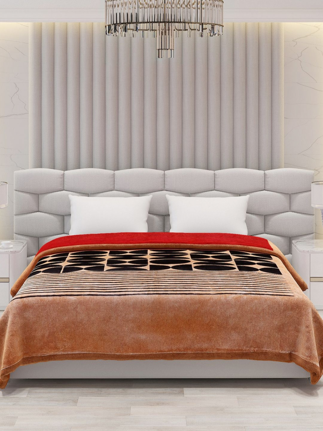 Monte Carlo Orange Coloured & Black Geometric 600 GSM Mild Winter Double Bed Blanket