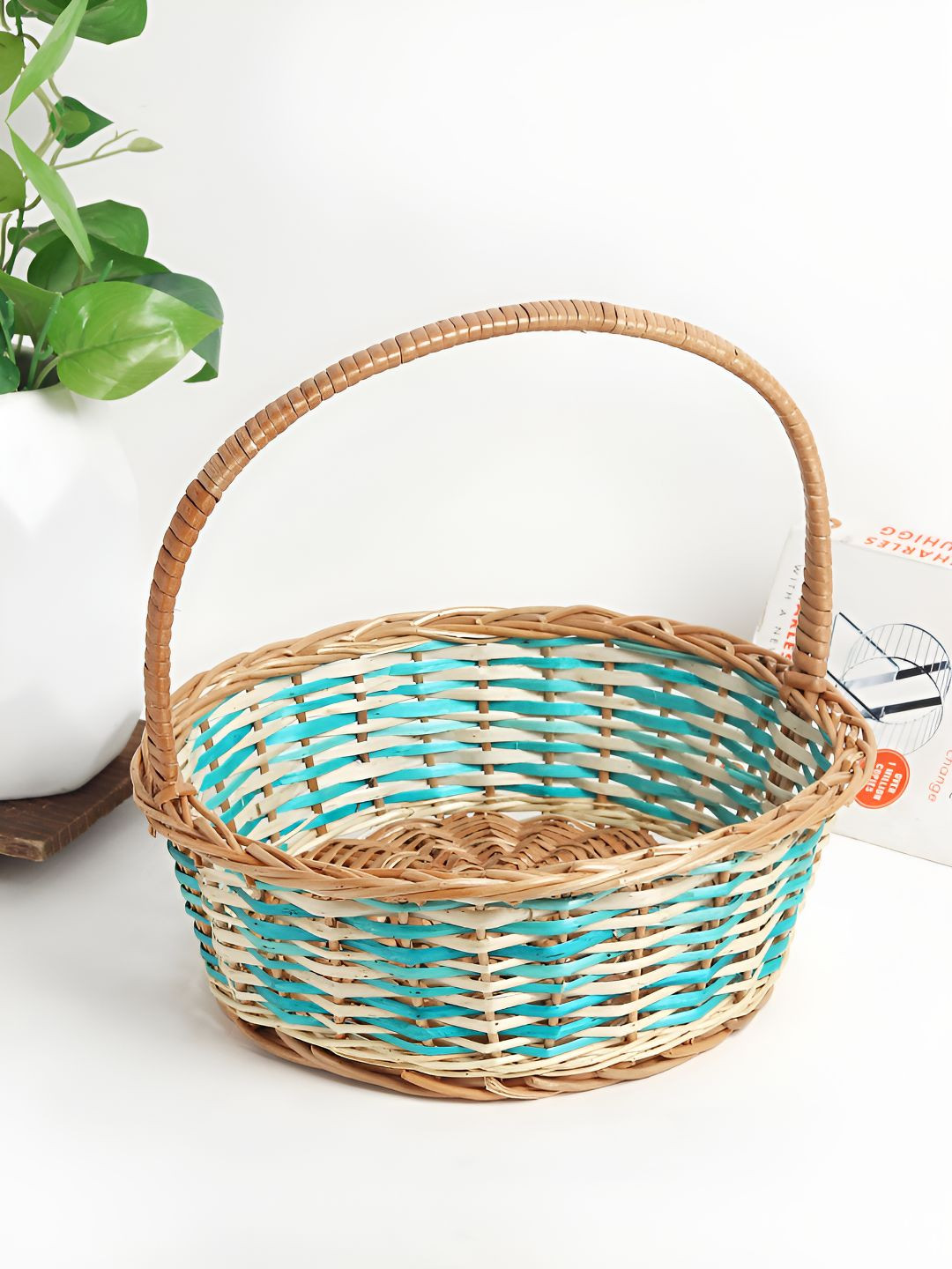HABERE INDIA Blue & Brown Sea-Grass Woven Fruit Basket