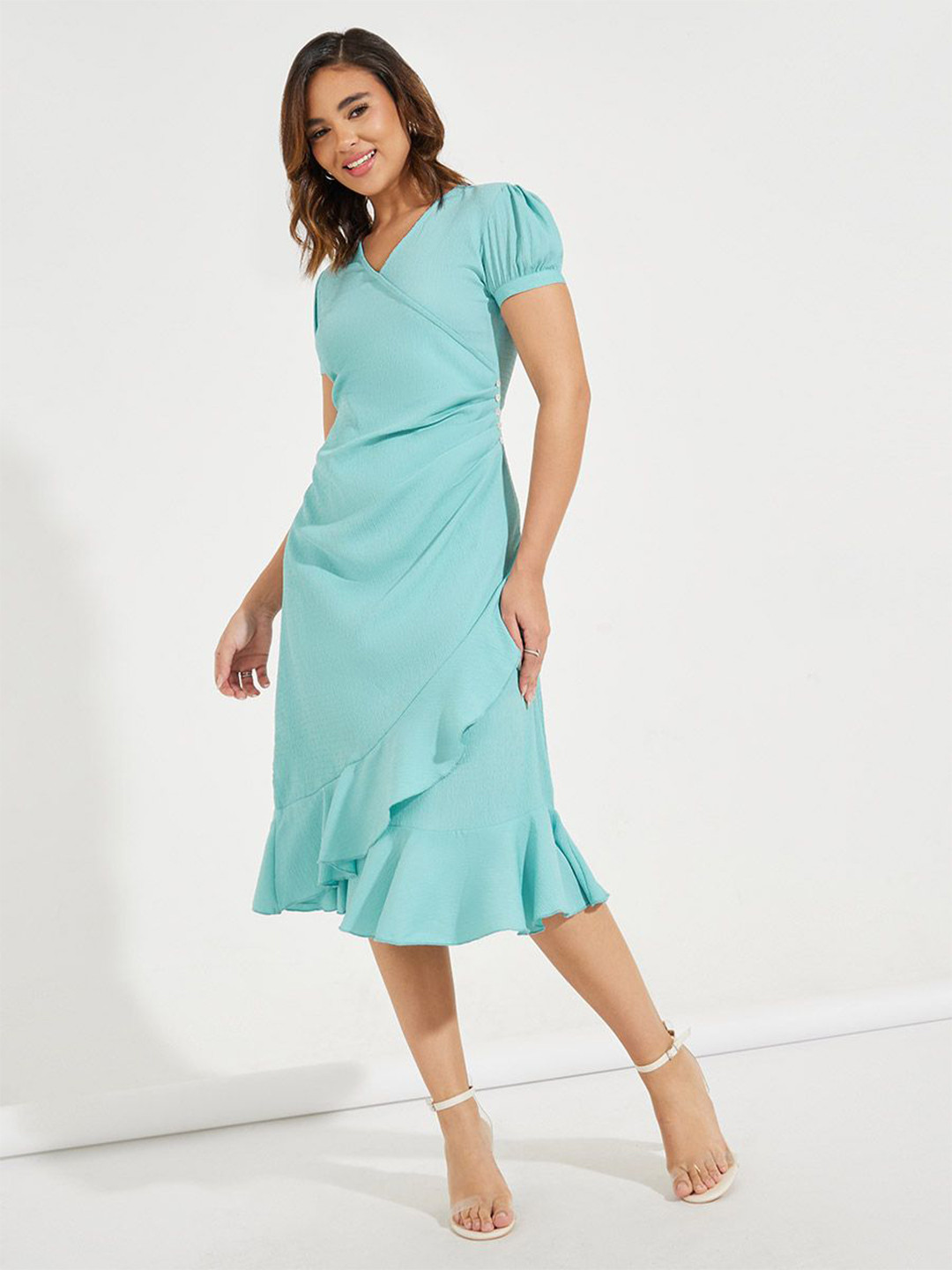 Styli Ruffled Mock Wrap Midi Dress with Puff Sleeves