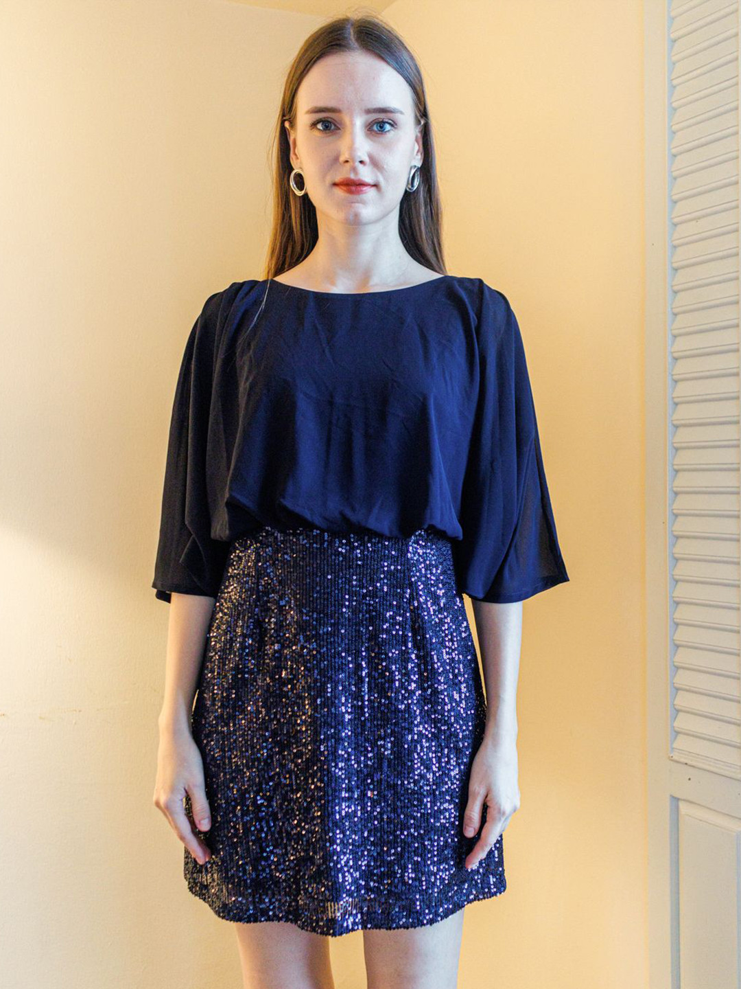 Zink London Sequined Cape Sleeve Blouson Dress