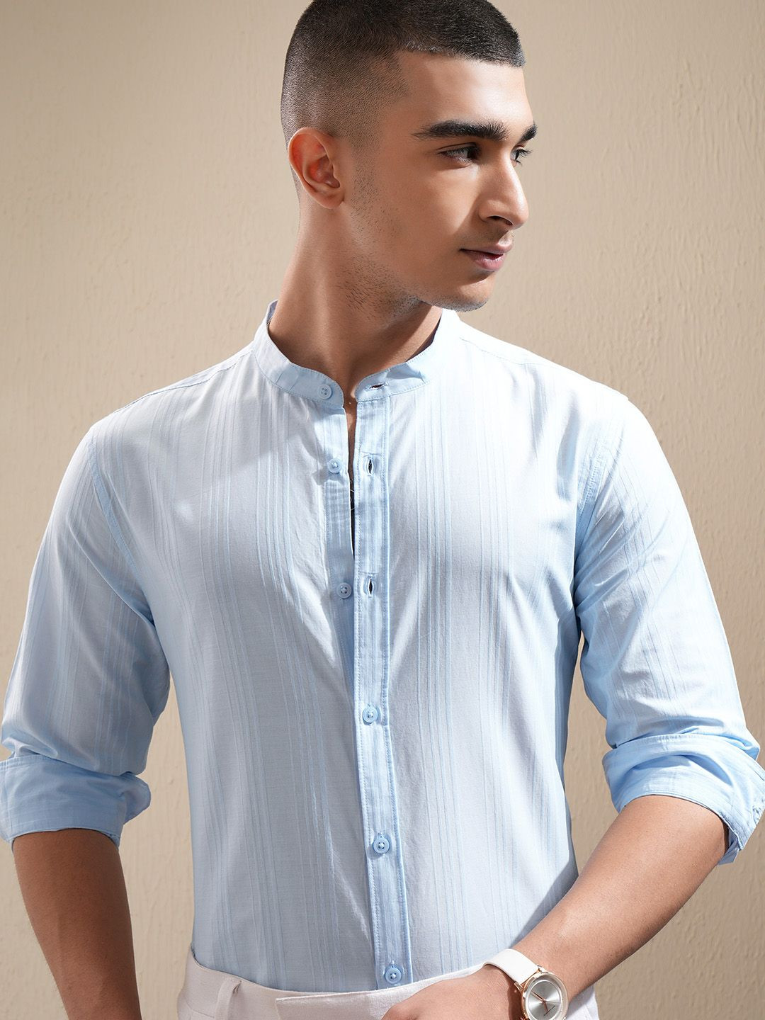 Highlander Men Light Blue Dobby Textured Solid Mandarin Collar Casual Shirt
