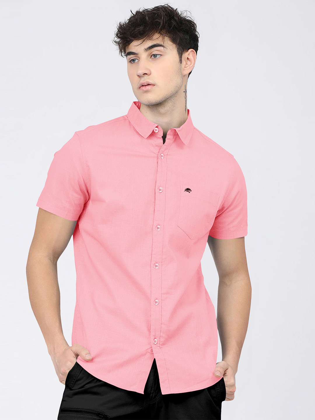 BRUCEWANE Men Standard Spread Collar Solid Cotton Semiformal Shirt