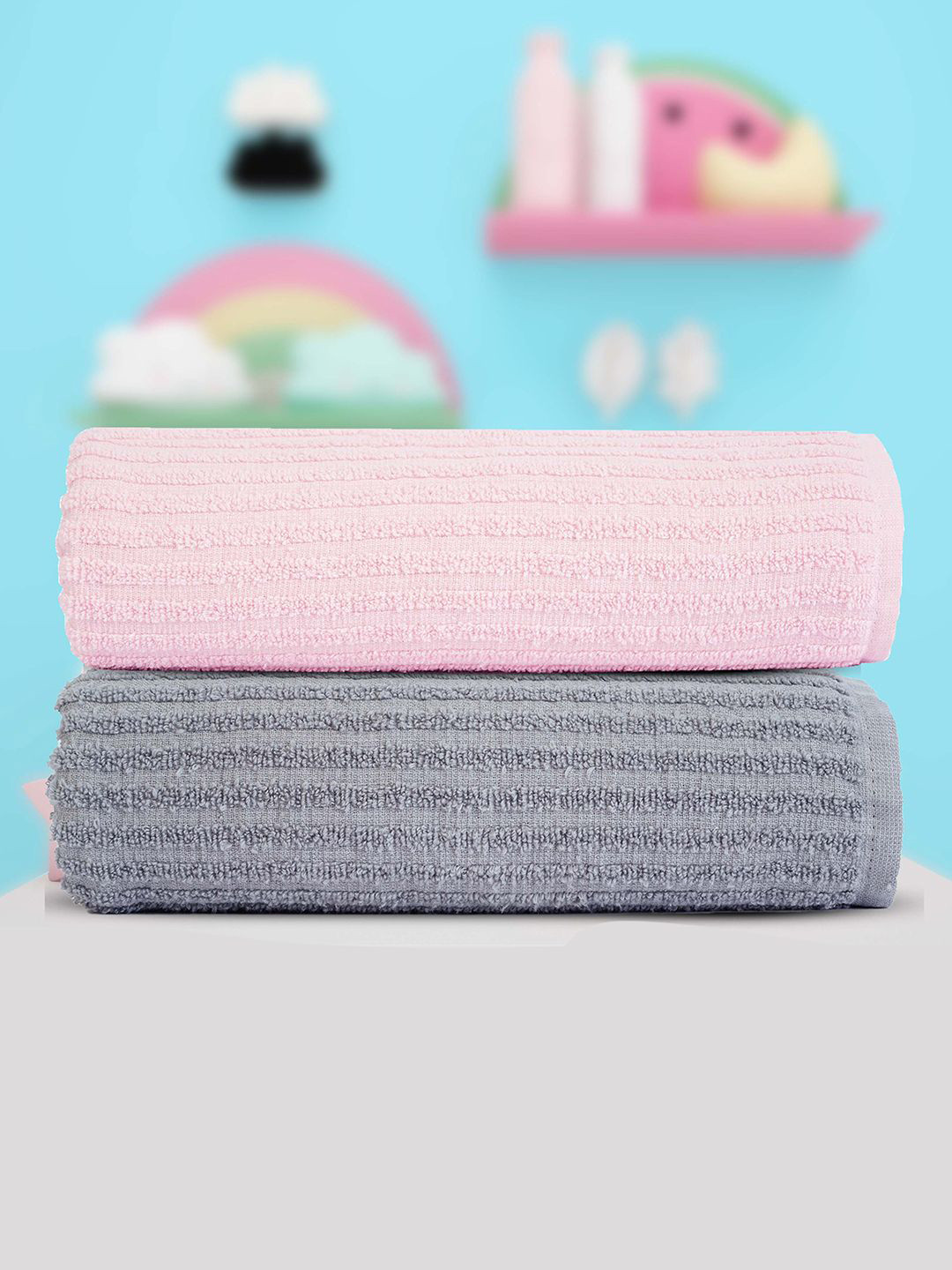 haus & kinder Pink & Grey 2 Pieces Pure Cotton 550 GSM Bath Towels
