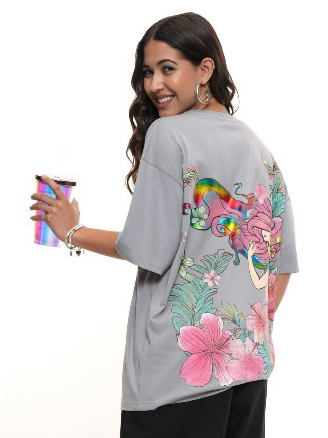 Tokyo Talkies Women Disney Little Mermaid Glitter Oversized Cotton Tshirt