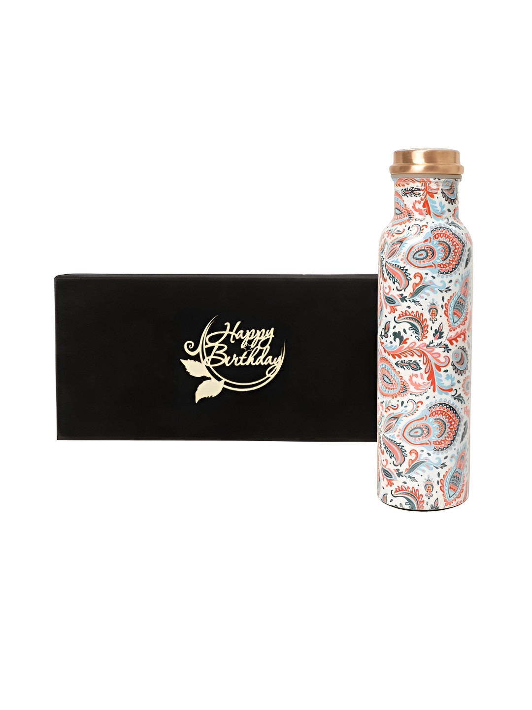 INTERNATIONAL GIFT White & Blue Printed Copper Water Bottle with Happy Birthday Tag