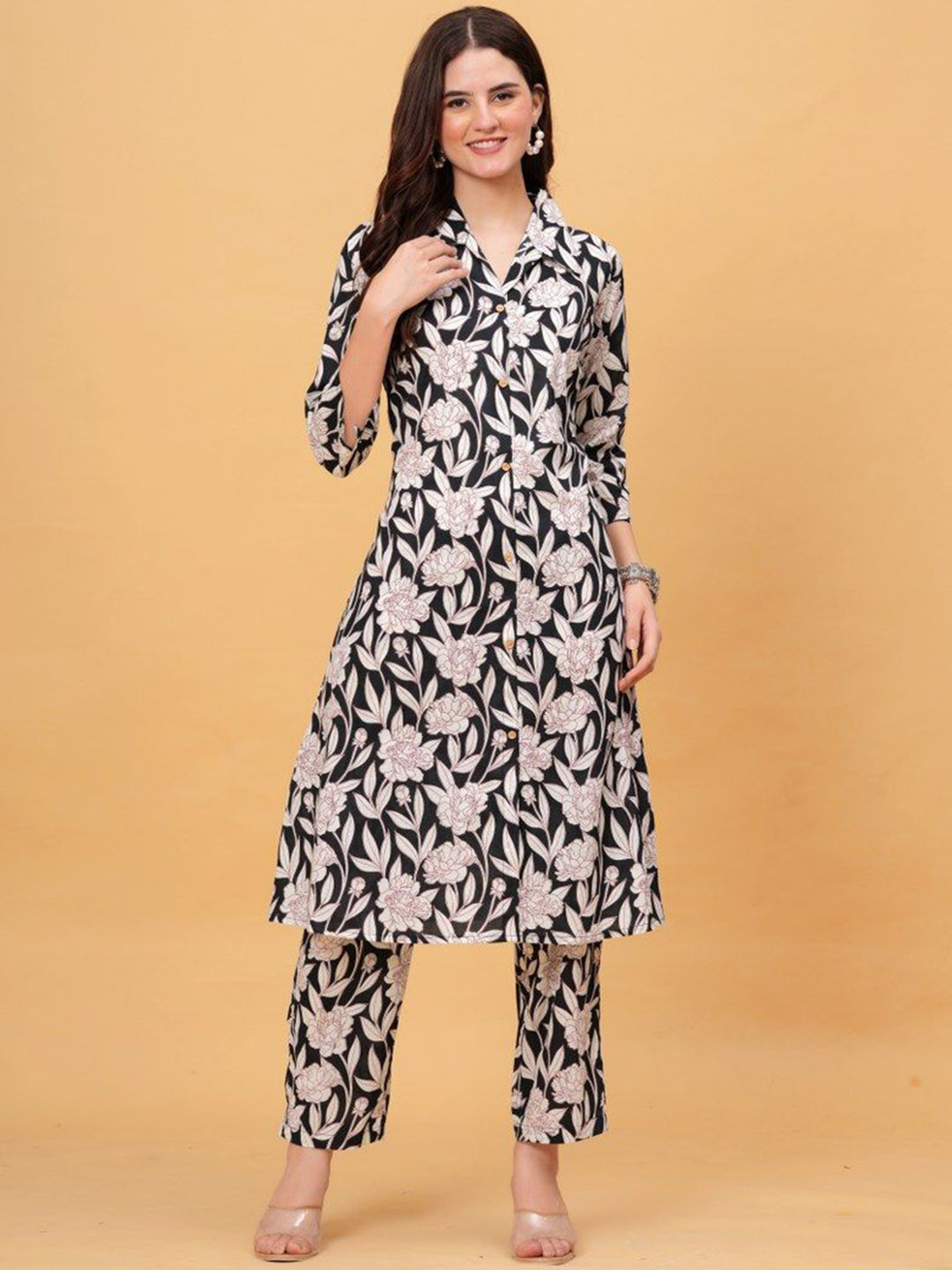 Black Teetar Floral Printed Cotton Tunic & Trouser