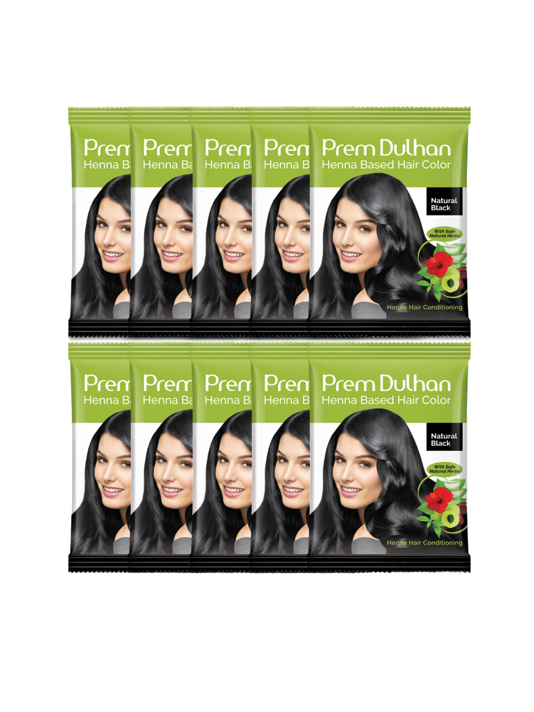 Prem Dulhan Set Of 10 Henna Based Hair Colour - 10 gm Each - Natural Black