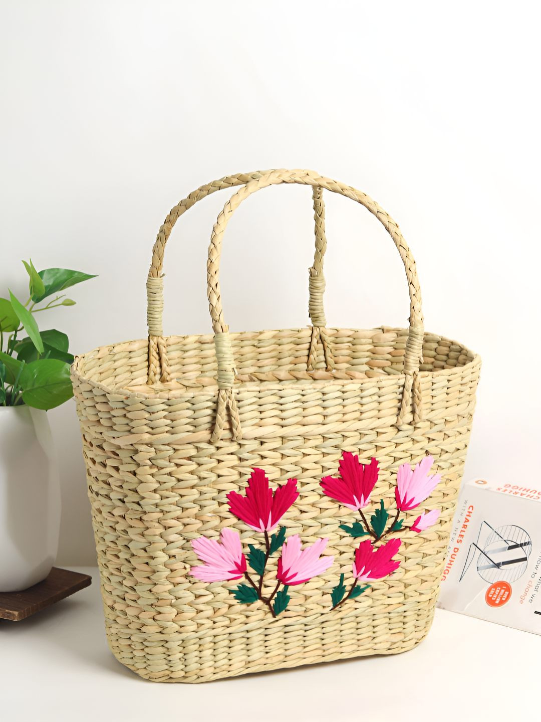 HABERE INDIA Pink & Beige Seagrass Embroidered Tote Basket