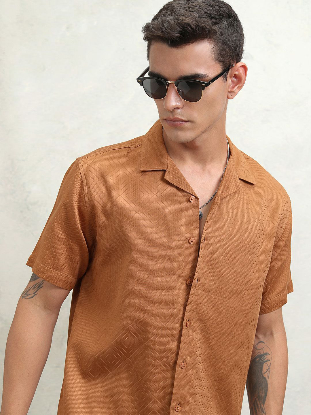 Highlander Men Light Brown Dobby Textured Solid Cuban Collar Relaxed Shirt