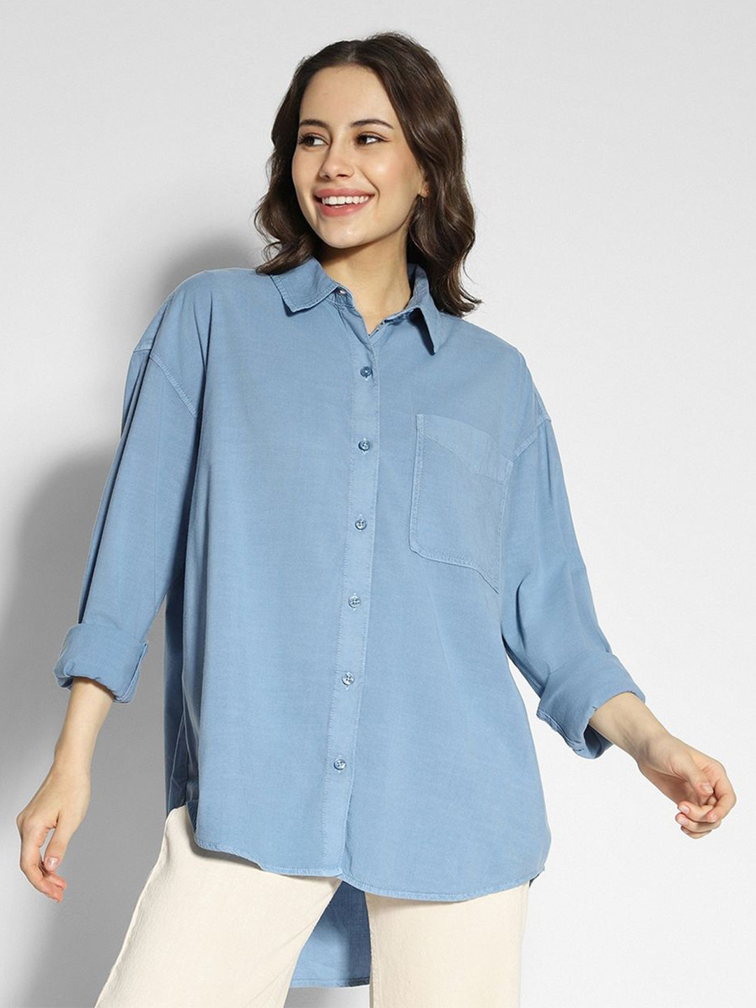 AMERICAN EAGLE OUTFITTERS Women Spread Collar Solid Cotton Oversized Casual Shirt