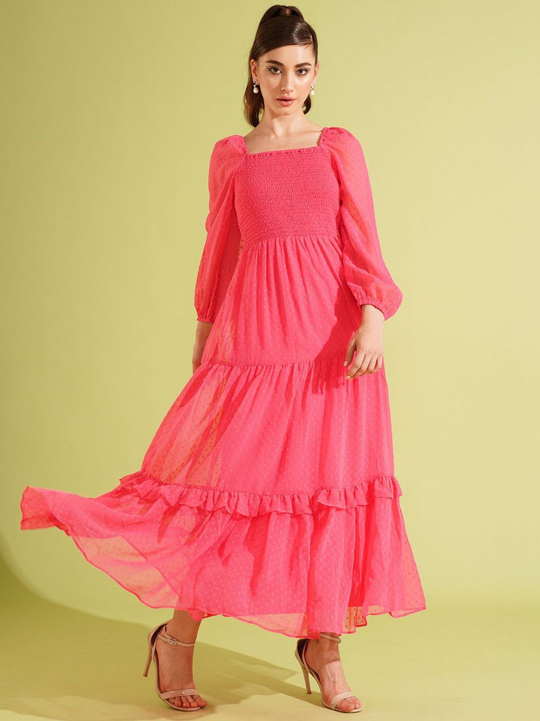Globus Bishop Sleeve Georgette Smocked Tiered Maxi Dress