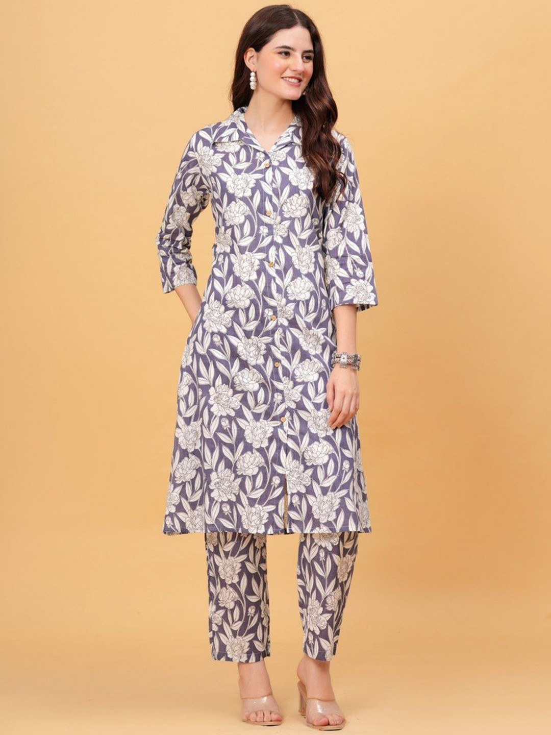 Black Teetar Floral Printed Cotton Tunic With Trousers