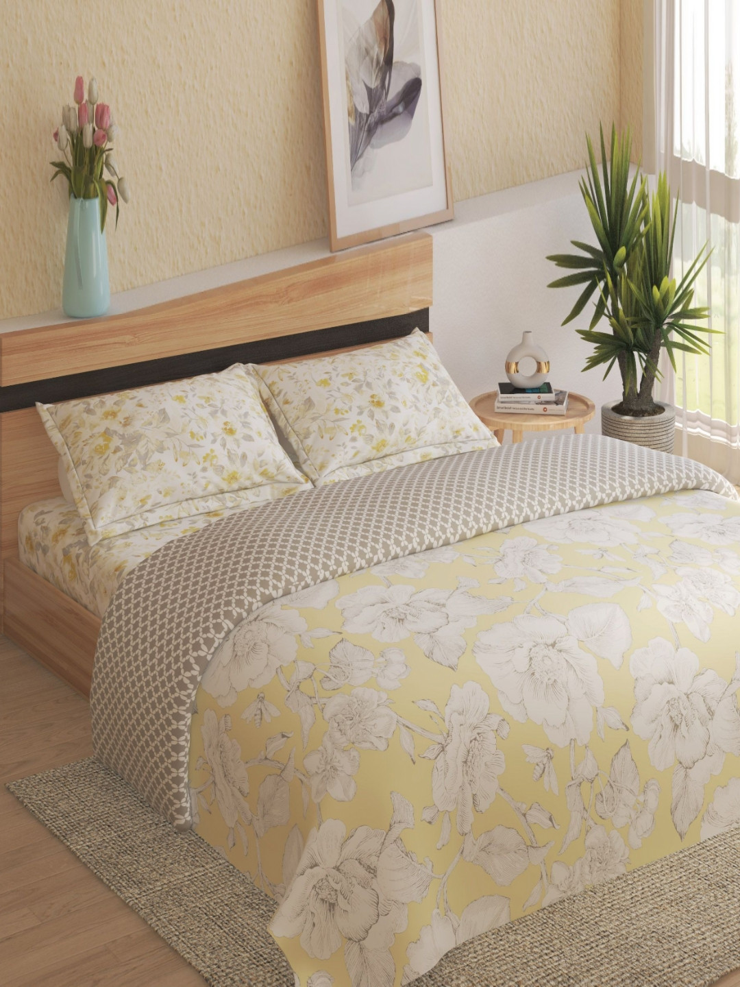 Home Centre Chime Doeskin Yellow 220 TC King Bedsheet With 2 Pillow Covers & Comforter