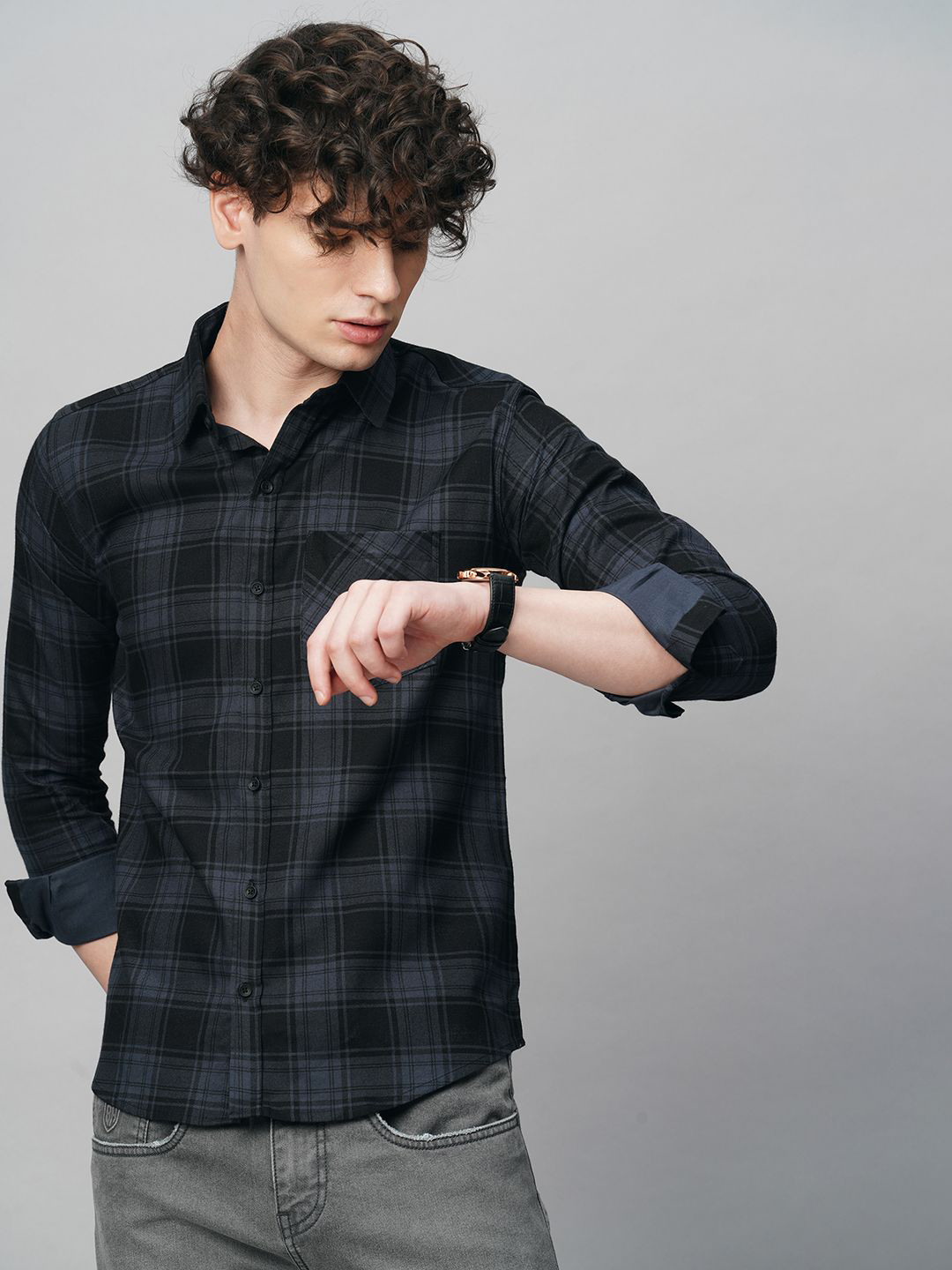 TRYBUY.IN Men Comfort Spread Collar Tartan Checked Cotton Party Shirt