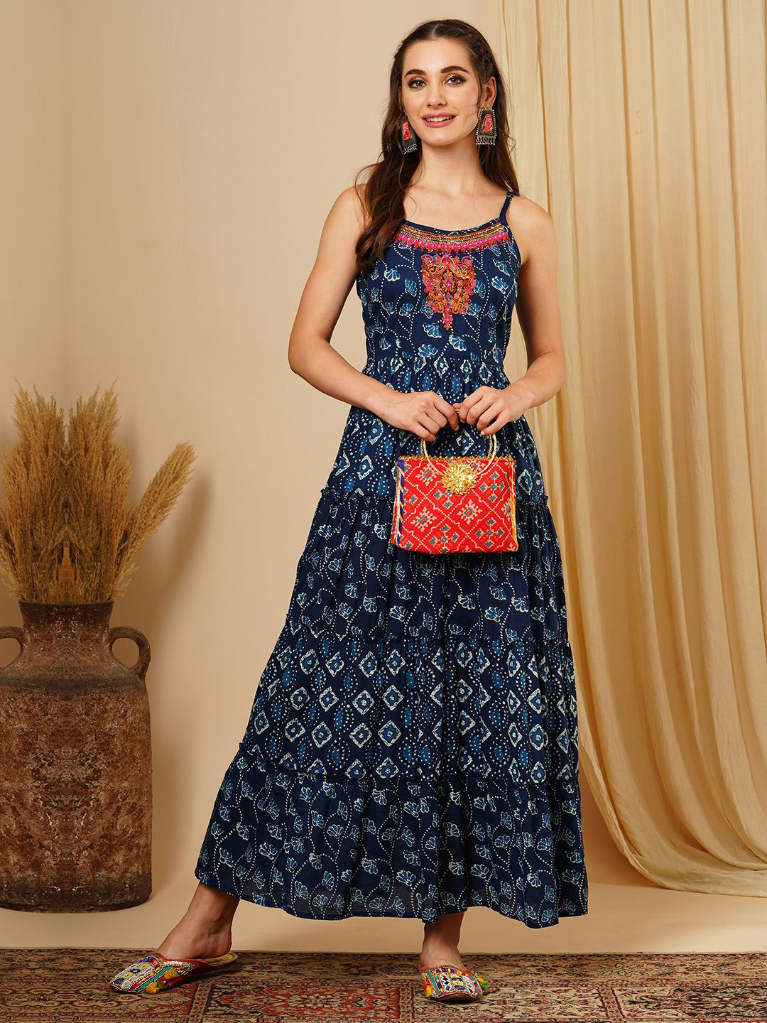 Globus Embroidered Yoke Adjustable Strappy Sleeves Ethnic Motifs A-Line Maxi Fusion Wear