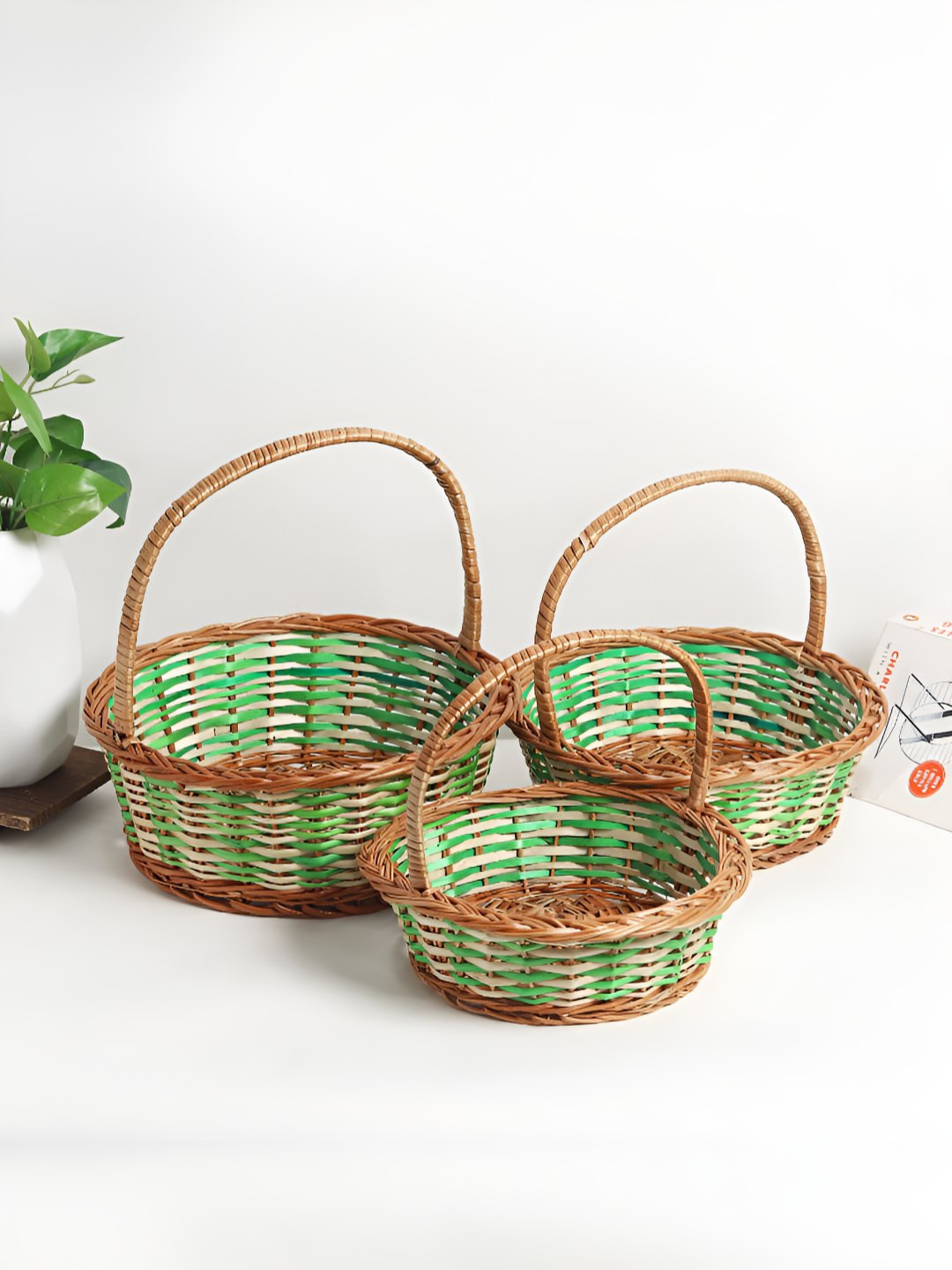 HABERE INDIA Green & Beige 3 Pieces Sea Grass Fruit Basket With Handle